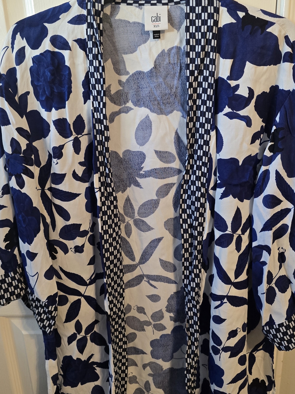 CAbi Navy and White Floral Kimono Jacket with Check Trim